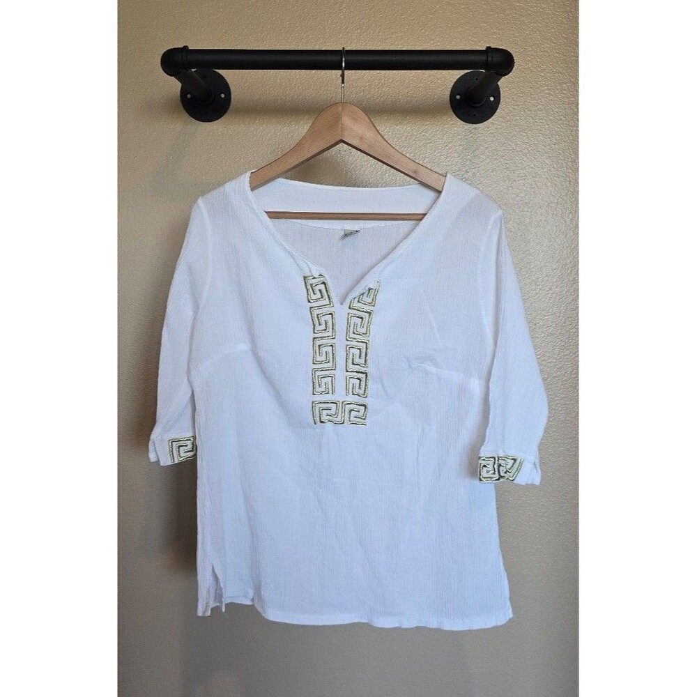 100% cotton white and gold lightweight 3/4 sleeve pullover top women's size XL - Picture 2 of 8